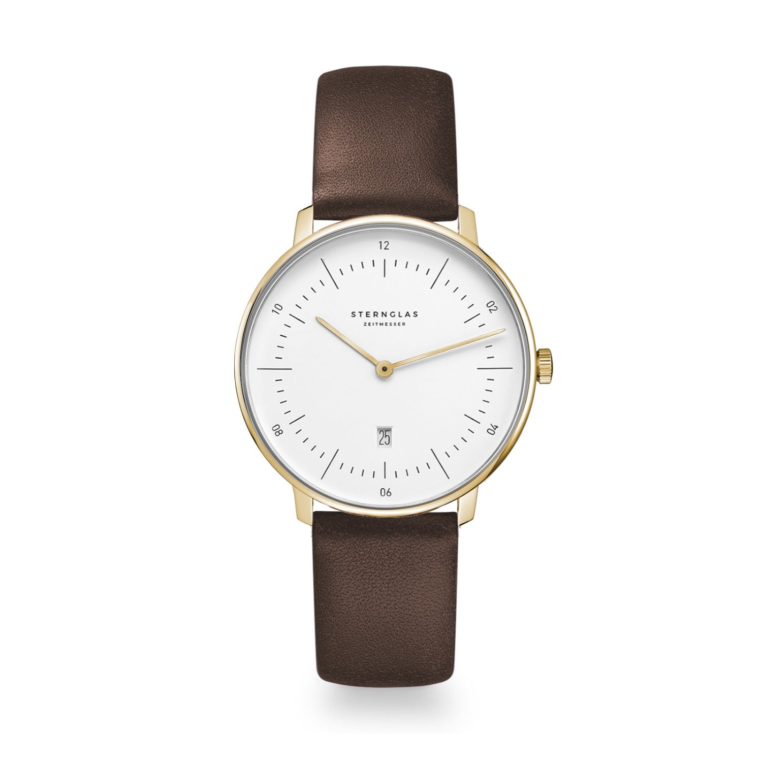 STERNGLAS Naos XS Damen Armbanduhr goldfarben mit braunem Lederarmband, 32mm Edelstahlgehäuse, Quarz-Analog