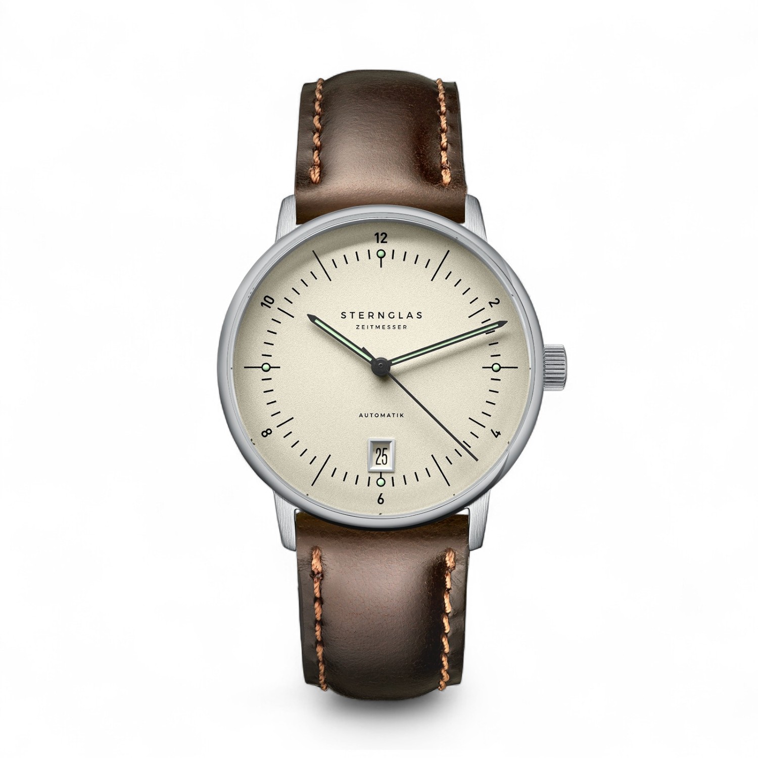 STERNGLAS Naos Pro Automatik Herrenarmbanduhr silber mit braunem Lederarmband, 38mm Edelstahlgehäuse,