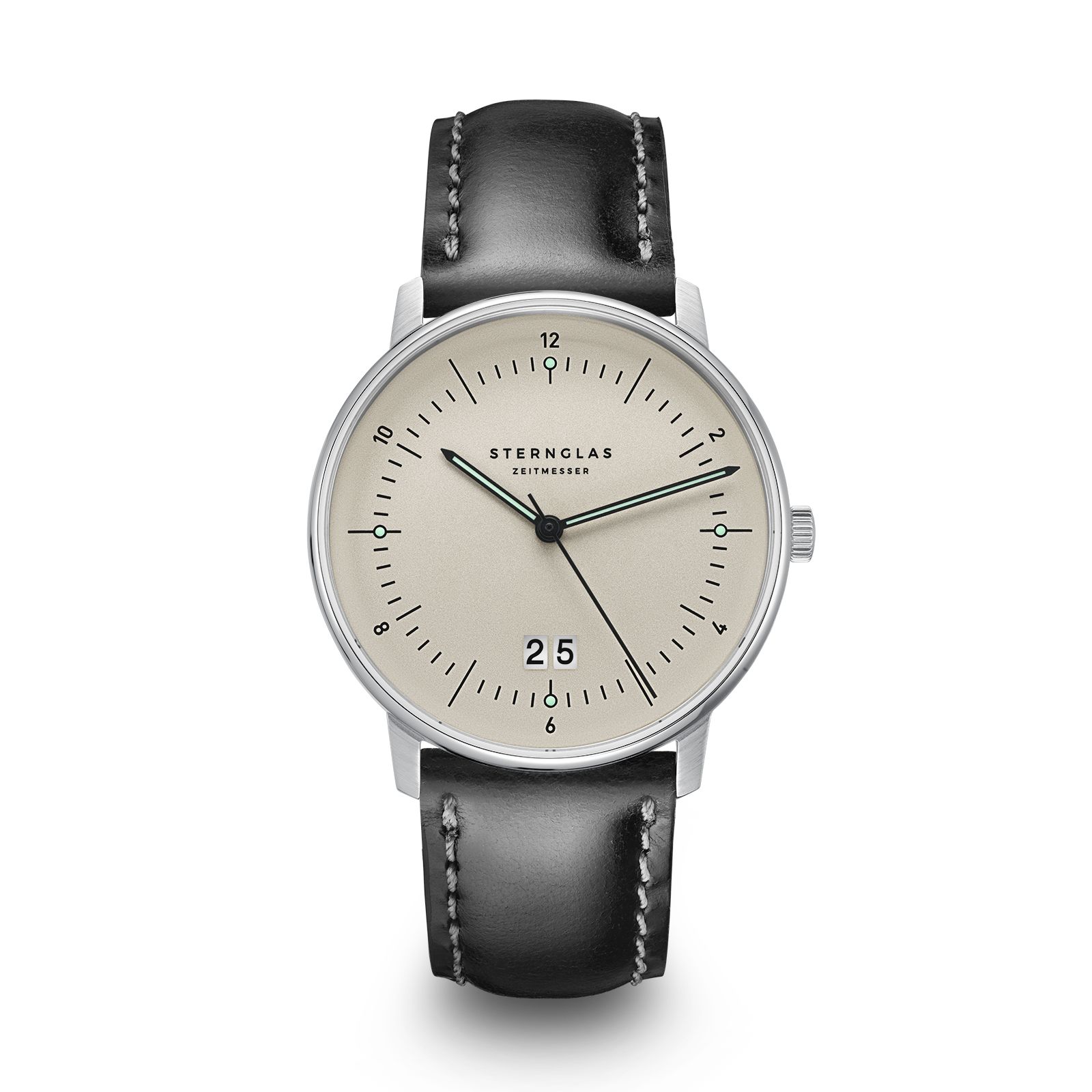 STERNGLAS Naos Großdatum Armbanduhr für Herren und Damen, silberfarbenes Edelstahlgehäuse, schwarzes