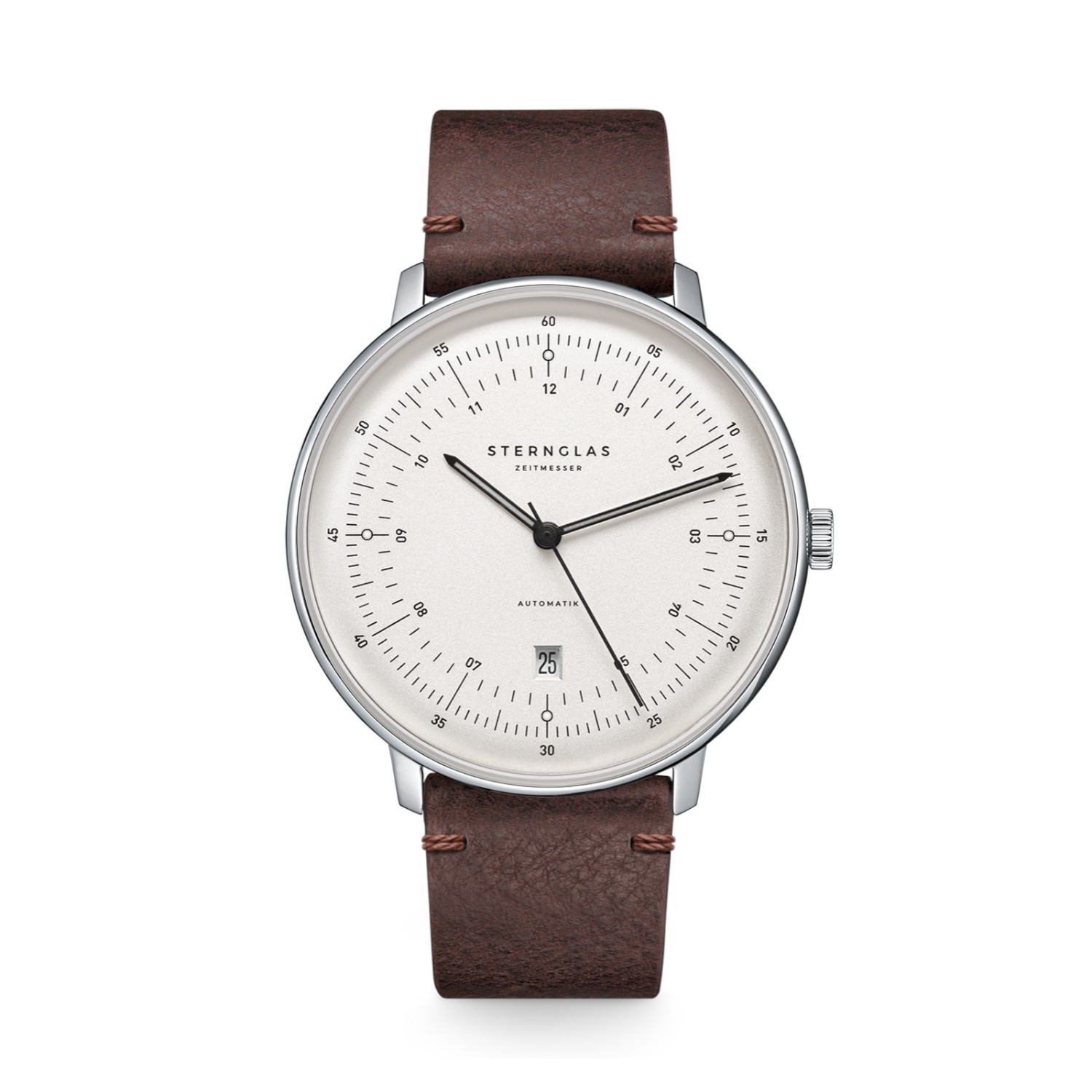 STERNGLAS Hamburg Automatik Herren Armbanduhr Edelstahl 42mm silberfarben Lederarmband braun Safirglas 5 Bar