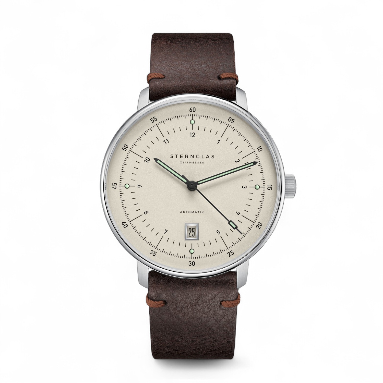 STERNGLAS Hamburg Pro Automatik Herrenarmbanduhr silberfarben Leder 42mm Edelstahl Safirglas 5 Bar