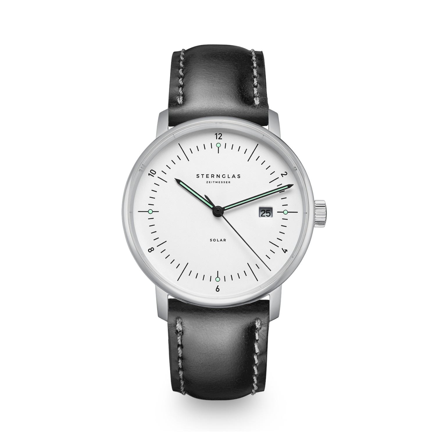 STERNGLAS Naos Solar Herrenarmbanduhr 38mm Edelstahl silberfarben Leder schwarz Safirglas 5 Bar wasserdicht