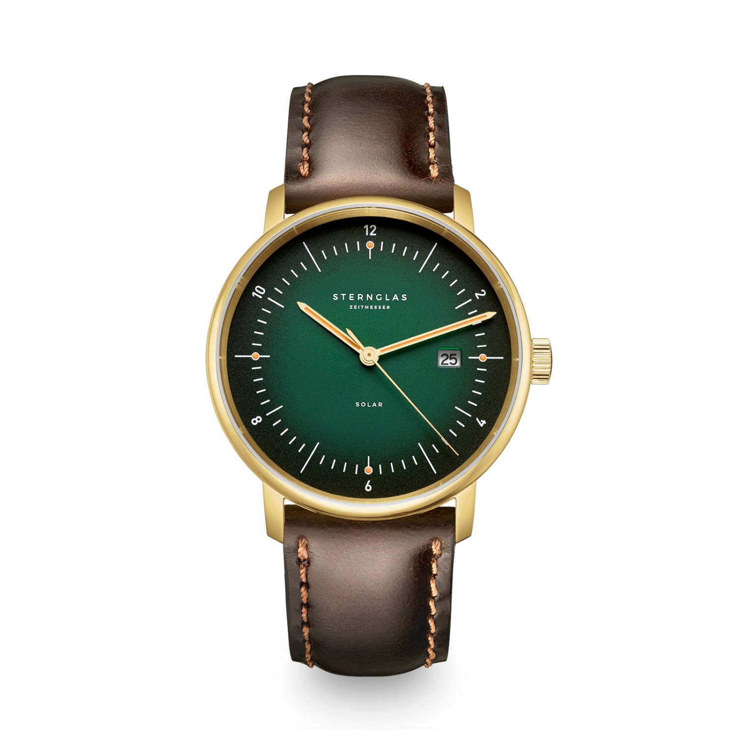 STERNGLAS Naos Solar Herren Armbanduhr goldfarben mit grünem Lederarmband, 38mm Edelstahlgehäuse, Safirglas