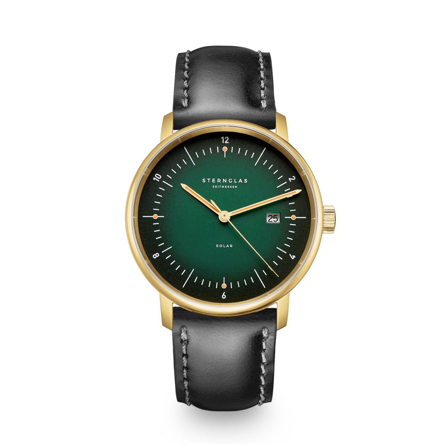 STERNGLAS Naos Solar Herren Armbanduhr goldfarben mit grünem Lederarmband, Edelstahlgehäuse, 38 mm, 5 Bar