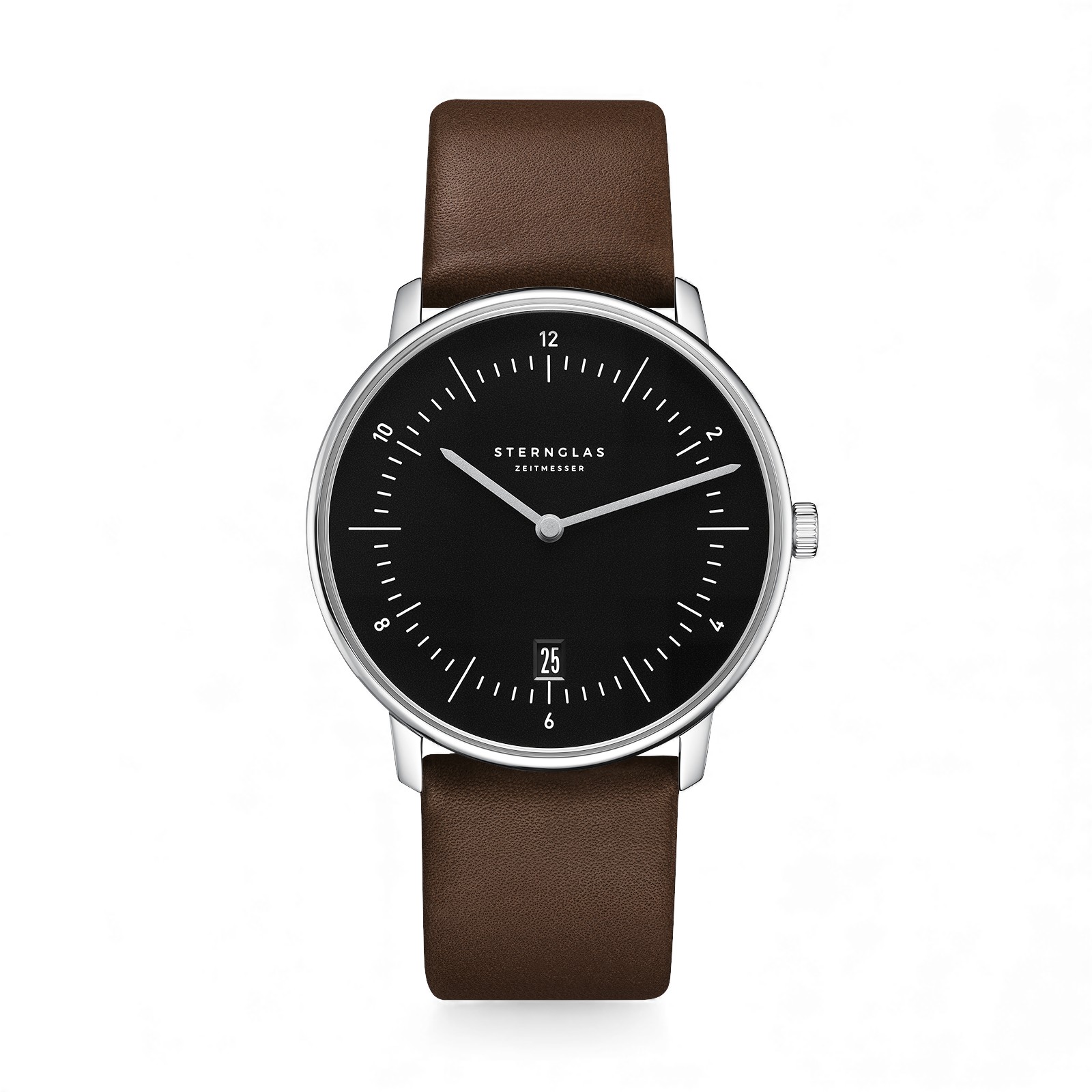 STERNGLAS NAOS Armbanduhr pianoschwarz mit braunem Lederband, 38mm Edelstahl, Quarz-Analog, 5 Bar wasserdicht