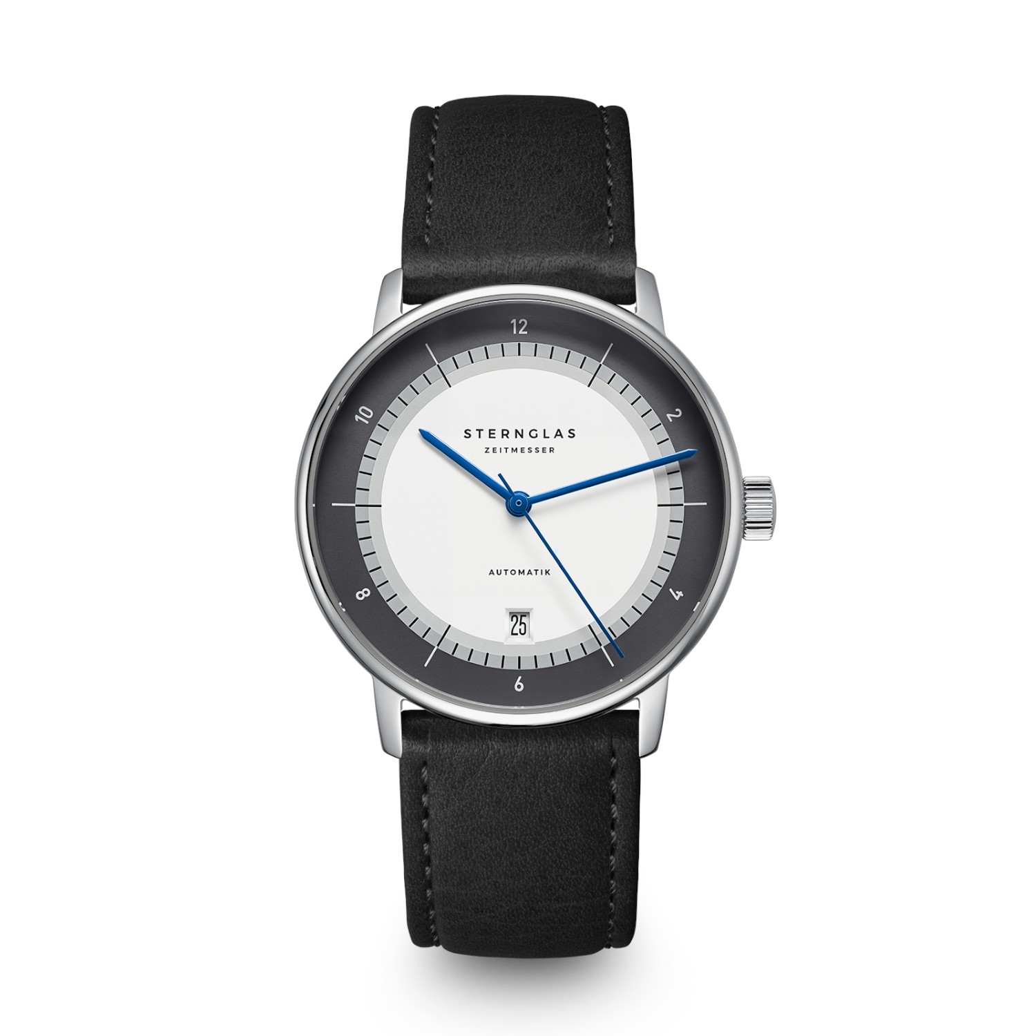 STERNGLAS Naos Edition 60 Herren Armbanduhr Edelstahl 38mm Automatik silberfarben Leder schwarz grau