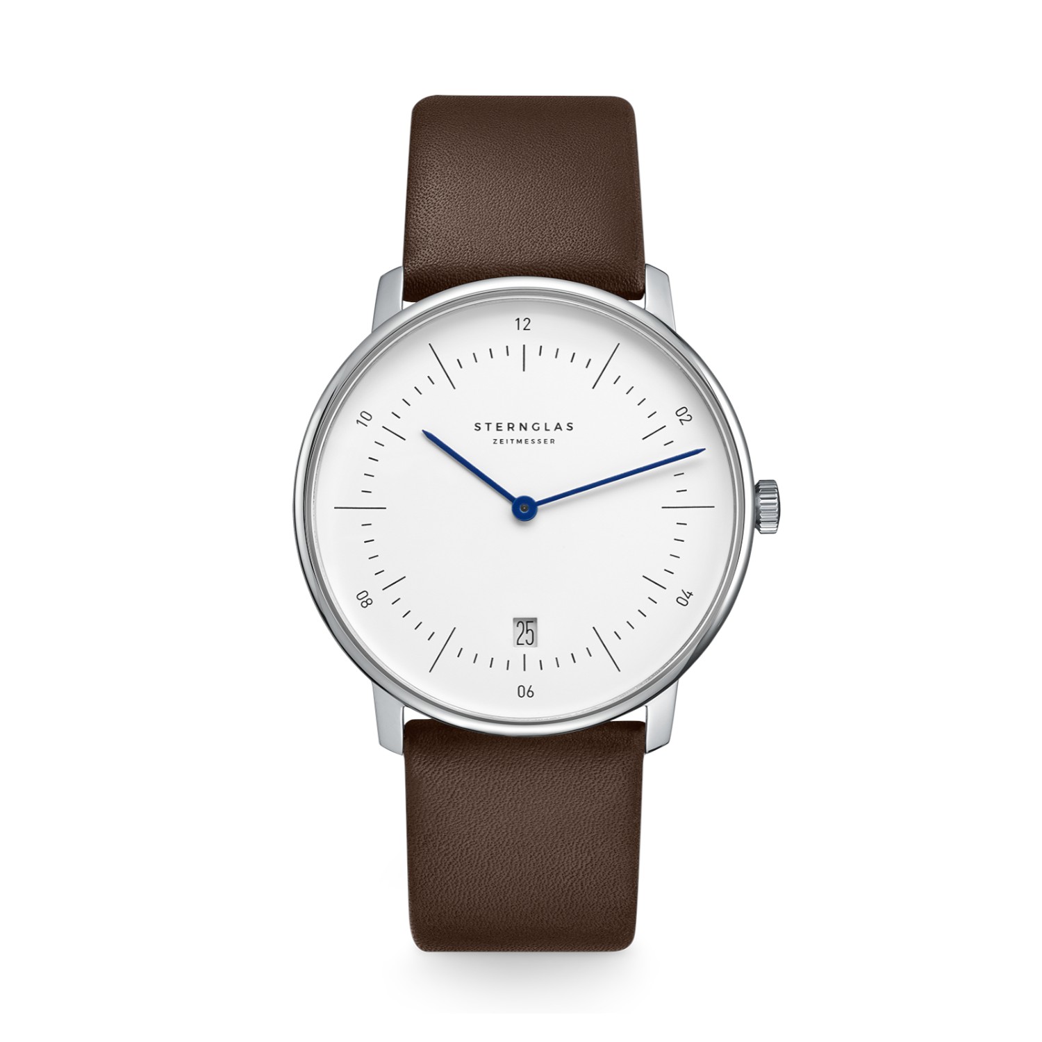 STERNGLAS Naos Herren Armbanduhr Edelstahl 38mm silberfarben braunes Leder Quarz-Analog 5 Bar wasserdicht