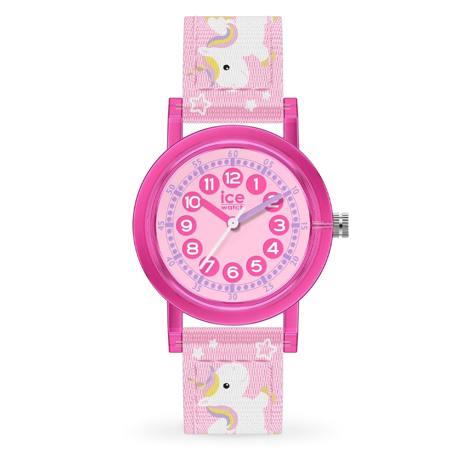 ICE time learning Kinderarmbanduhr Pink Unicorn – rosa Textilarmband, 28 mm Gehäuse, Quarz-Analog, 3 Bar