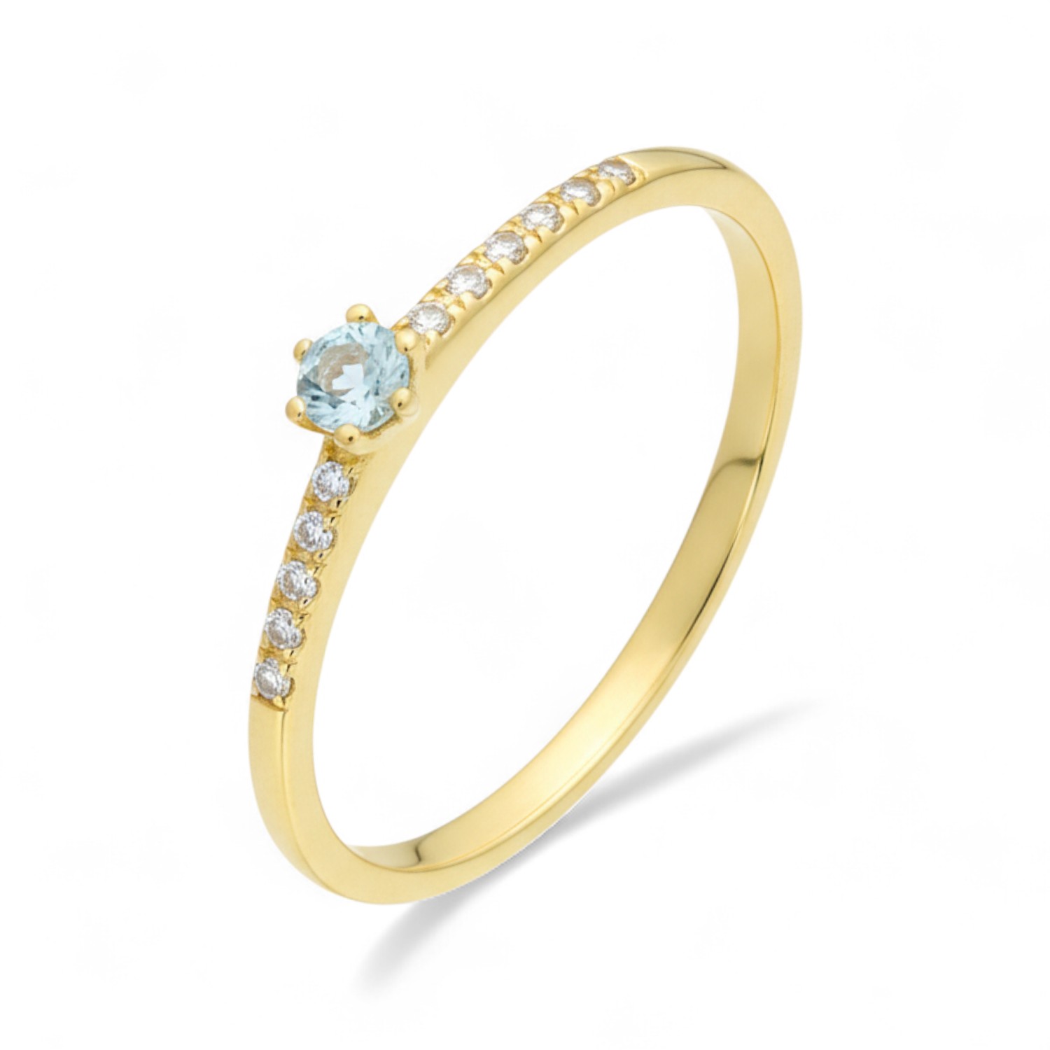 Schmidt Damenring mit 12 Brillanten und 3mm Aquamarin in Gold, ideal für Verlobungen, Wesselton-Weiß