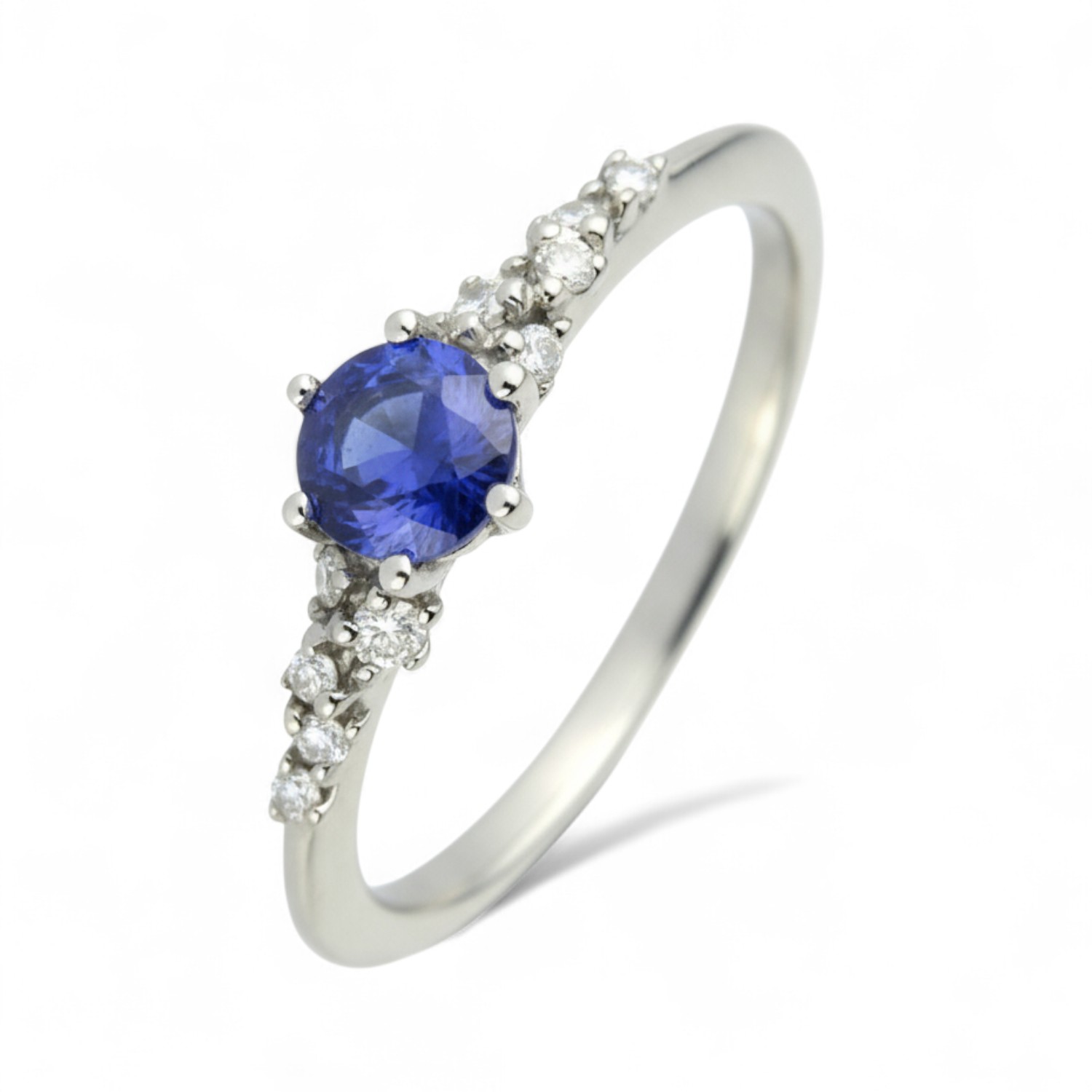 Schmidt Damenring aus Platin mit 10 Brillanten und 5,2mm Safir in Silber und Blau – Verlobungsschmuck