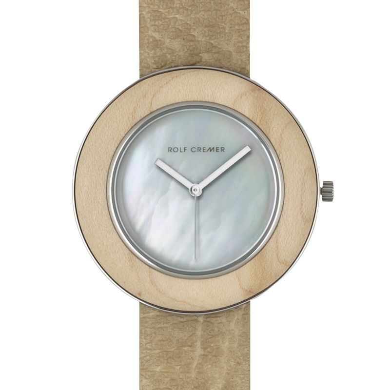 Rolf Cremer Damenuhr WOOD, Ahorn & Perlmutt, Lederarmband, 38mm Edelstahlgehäuse