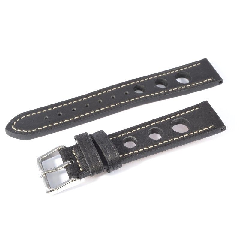 Schmidt Grand-Prix Uhrenarmband Leder Schwarz 20mm, Silberne Schließe, Unisex