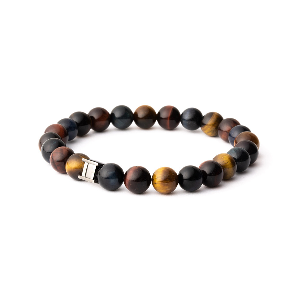 GEMINI Herren Armband mit Tigerauge aus Edelstahl in Braun, Schwarz und Silber, 8mm, XL Größe