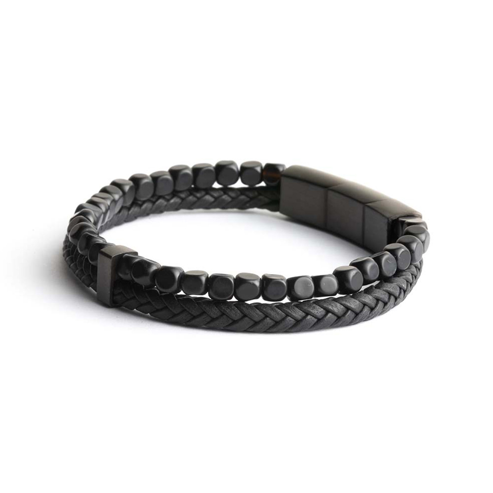 GEMINI Doppelarmband aus italienischem Leder mit schwarzem Achat für Herren, Edelstahl, 20-21 cm