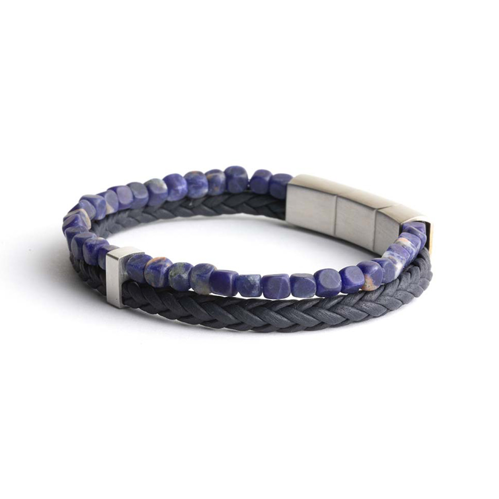GEMINI Doppelarmband aus italienischem Leder mit Sodalith für Herren, blau-silber, 20-21 cm