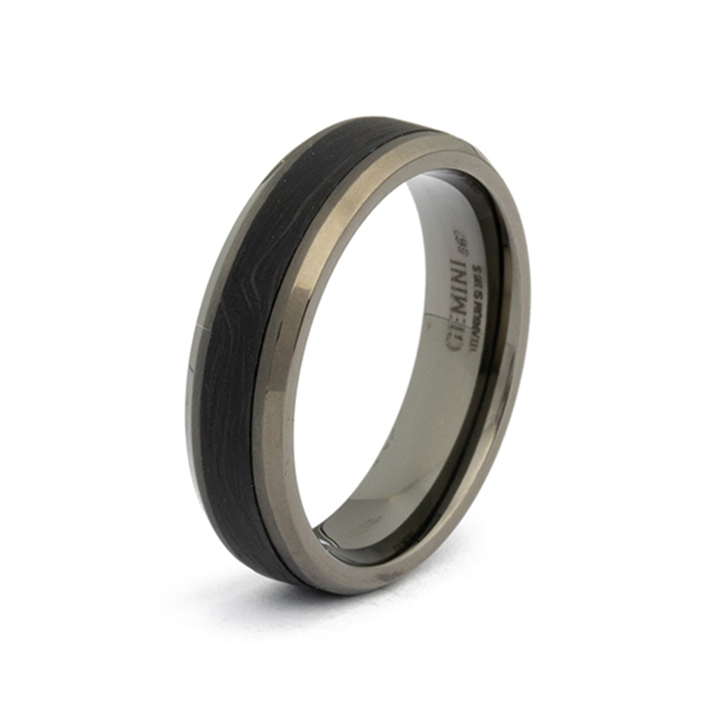 GEMINI Schwarzer Titanring 6mm mit Forged Carbon für Herren, Ringgröße 62, stilvolles Accessoire