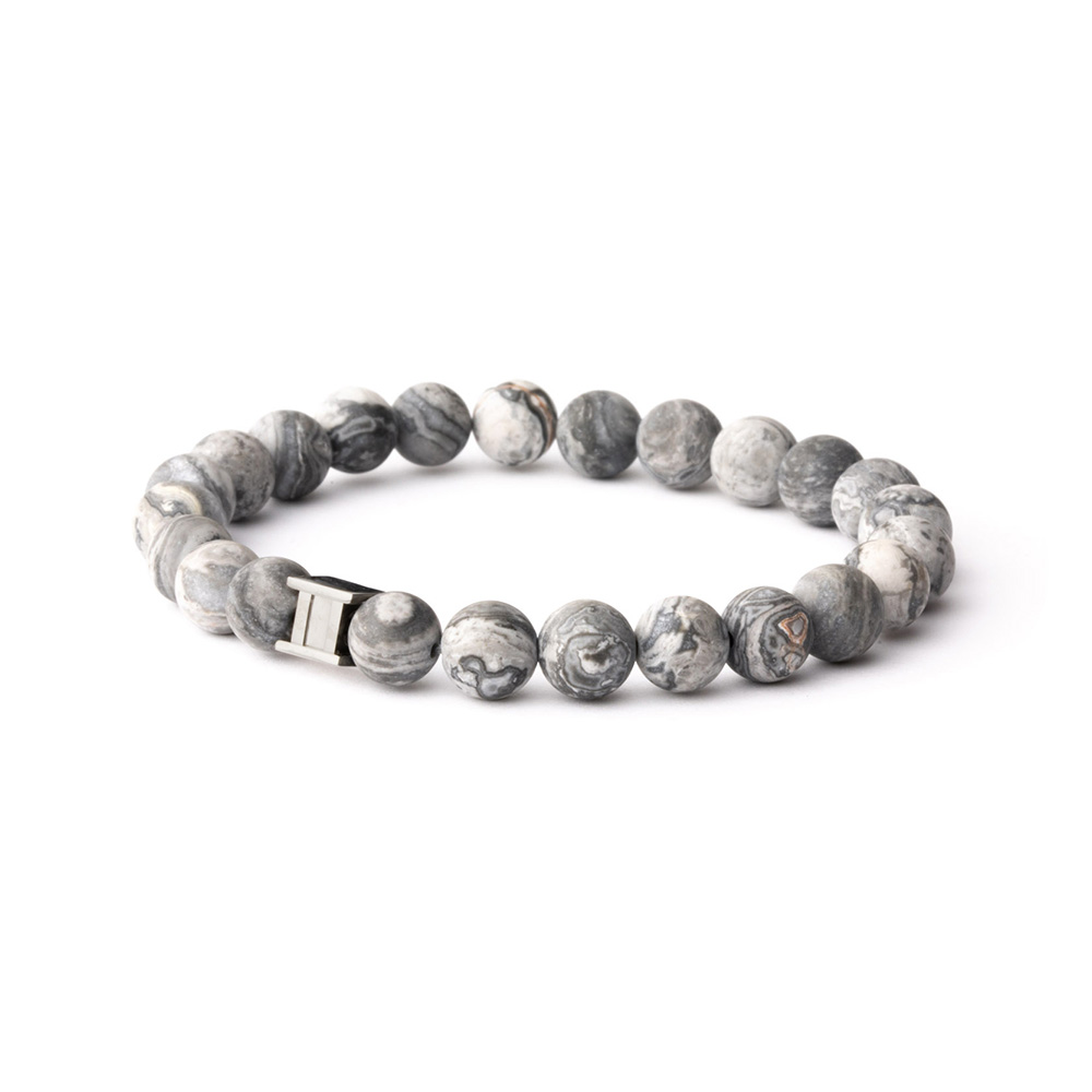 GEMINI Herren Armband mit mattem Jaspis und Edelstahl, 20cm, grau-silberfarben, 8mm Armschmuck