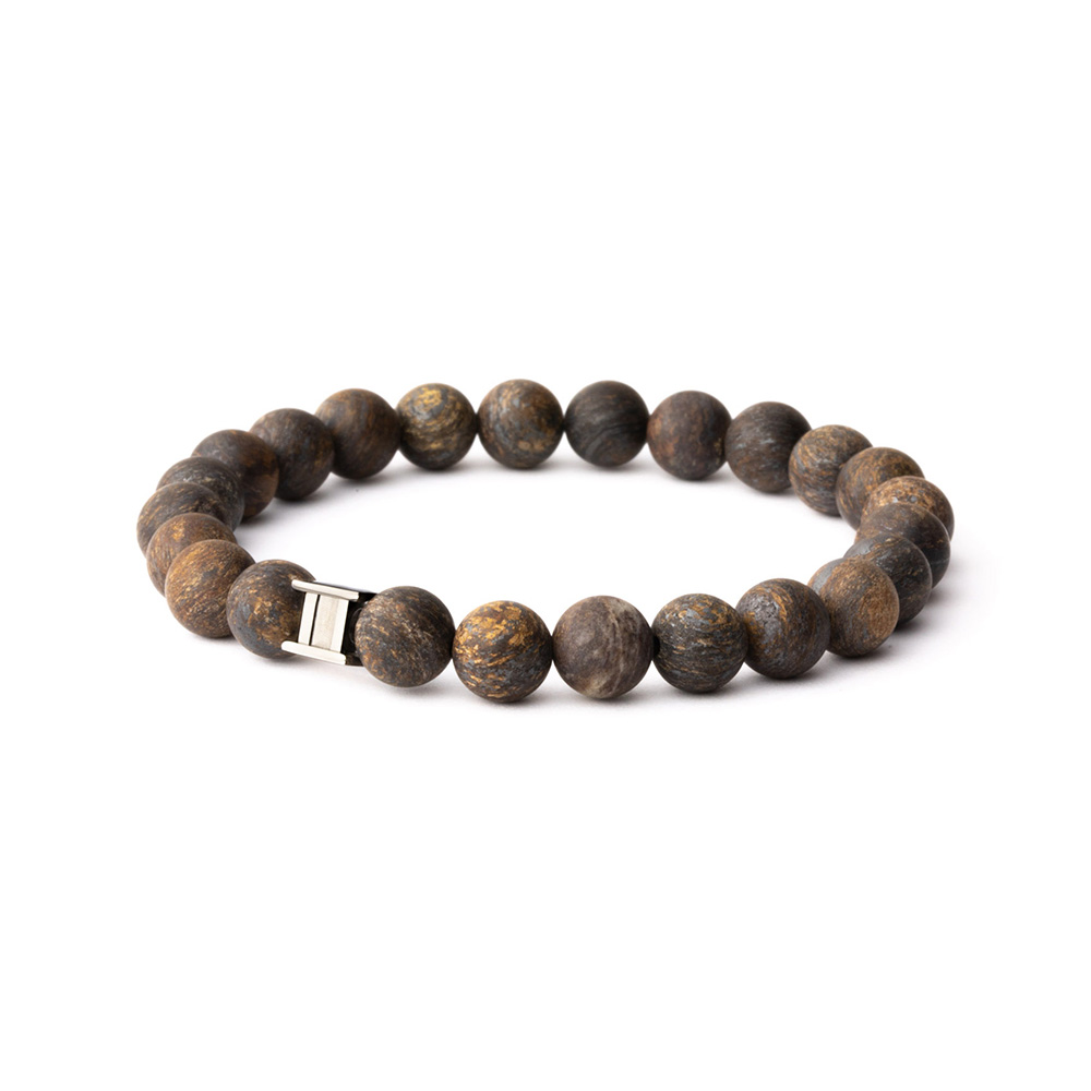 GEMINI Herren Armband aus mattem Bronzit und Edelstahl, 20cm, braun-silberfarben, 8mm Armschmuck