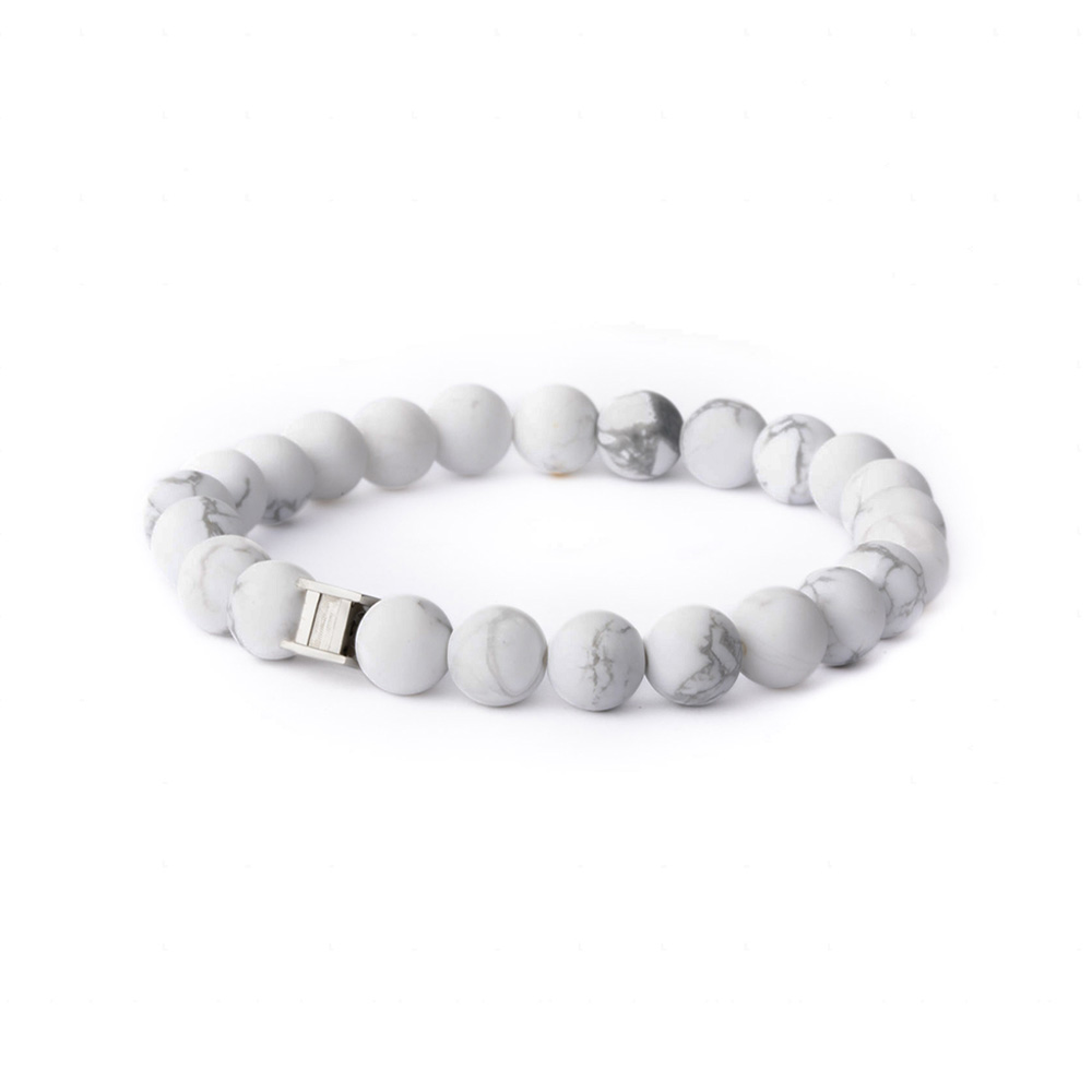 GEMINI Herren Armband mit mattem Howlith und Edelstahl, 19cm, 8mm, weiß-silberfarben, stilvoller Armschmuck