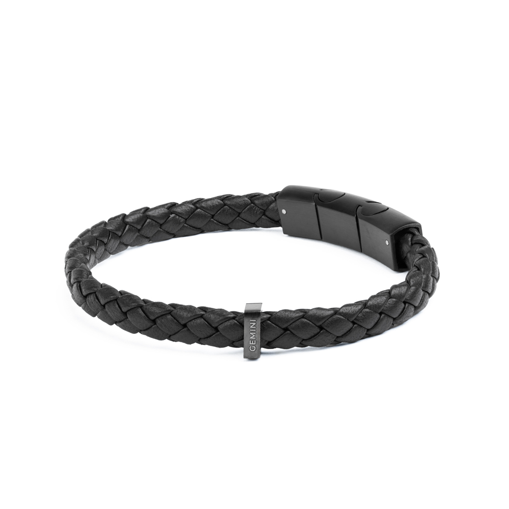 GEMINI Herren Armband aus schwarzem italienischem Nappaleder mit Edelstahl, 18-19 cm, 7 mm breit