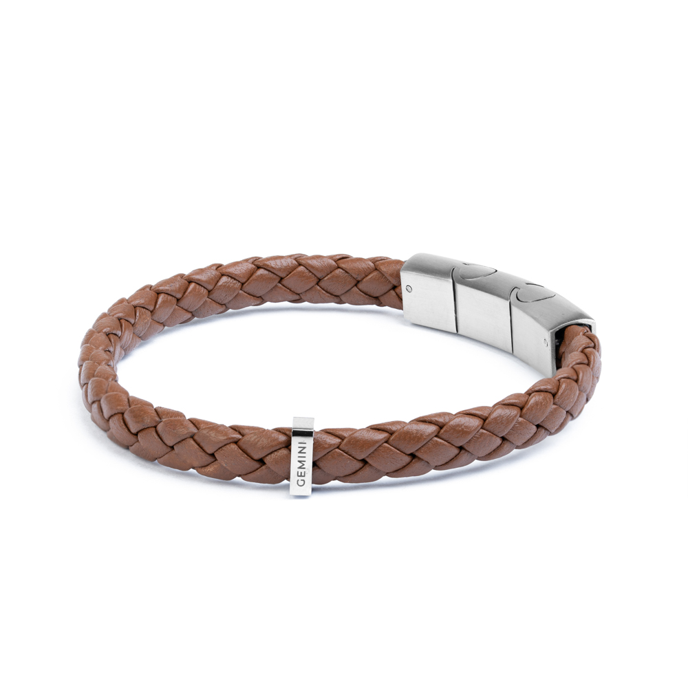 GEMINI Herrenarmband aus hellbraunem italienischem Nappaleder mit Edelstahl, 20-21 cm, stilvoller Armschmuck