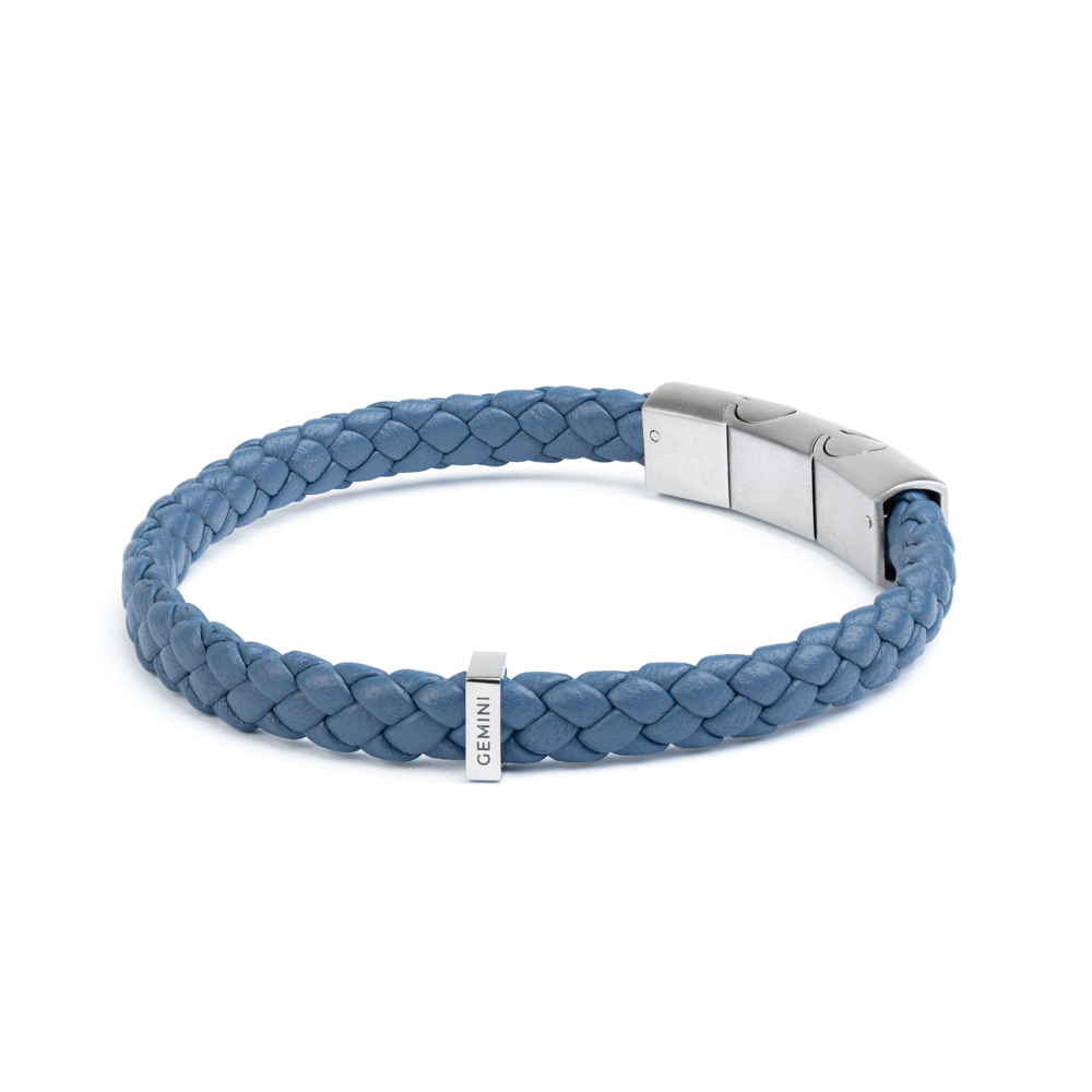 GEMINI Herren Armband aus hellblauem Nappaleder mit Edelstahl, 20-21cm, stilvoller Armschmuck