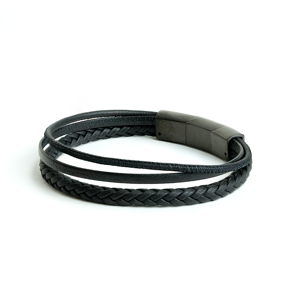 GEMINI Dreifach-Armband aus schwarzem italienischem Nappa für Herren, Edelstahl, 20-21 cm, 8 mm