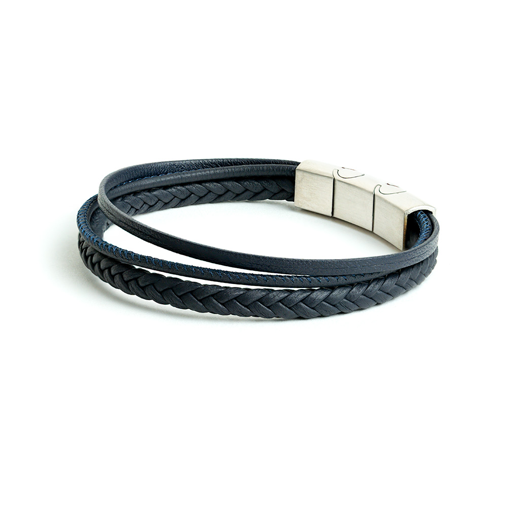 GEMINI Dreifach-Armband aus blauem Nappaled für Herren, Edelstahl, 20-21cm, stilvoller Armschmuck