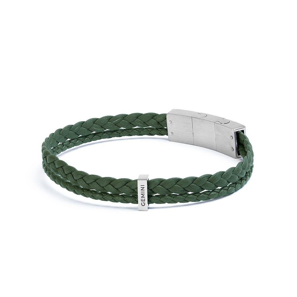 GEMINI Doppelarmband aus grünem italienischem Nappaleder für Herren, Edelstahl, 20-21 cm, stilvoller
