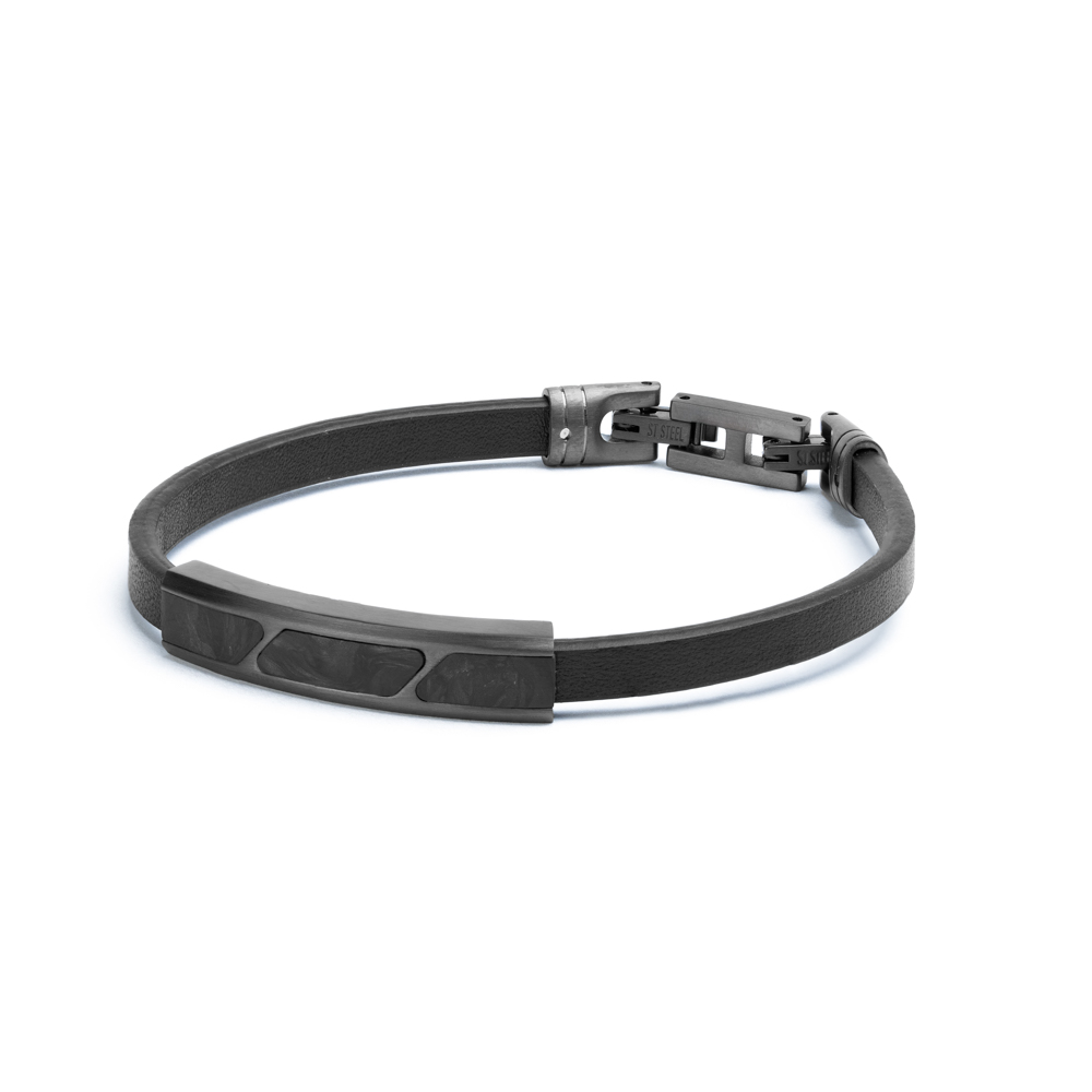 GEMINI Schwarzes Lederarmband für Herren mit Forged-Carbon-Finish, Edelstahl, 20-21cm, 7mm breit