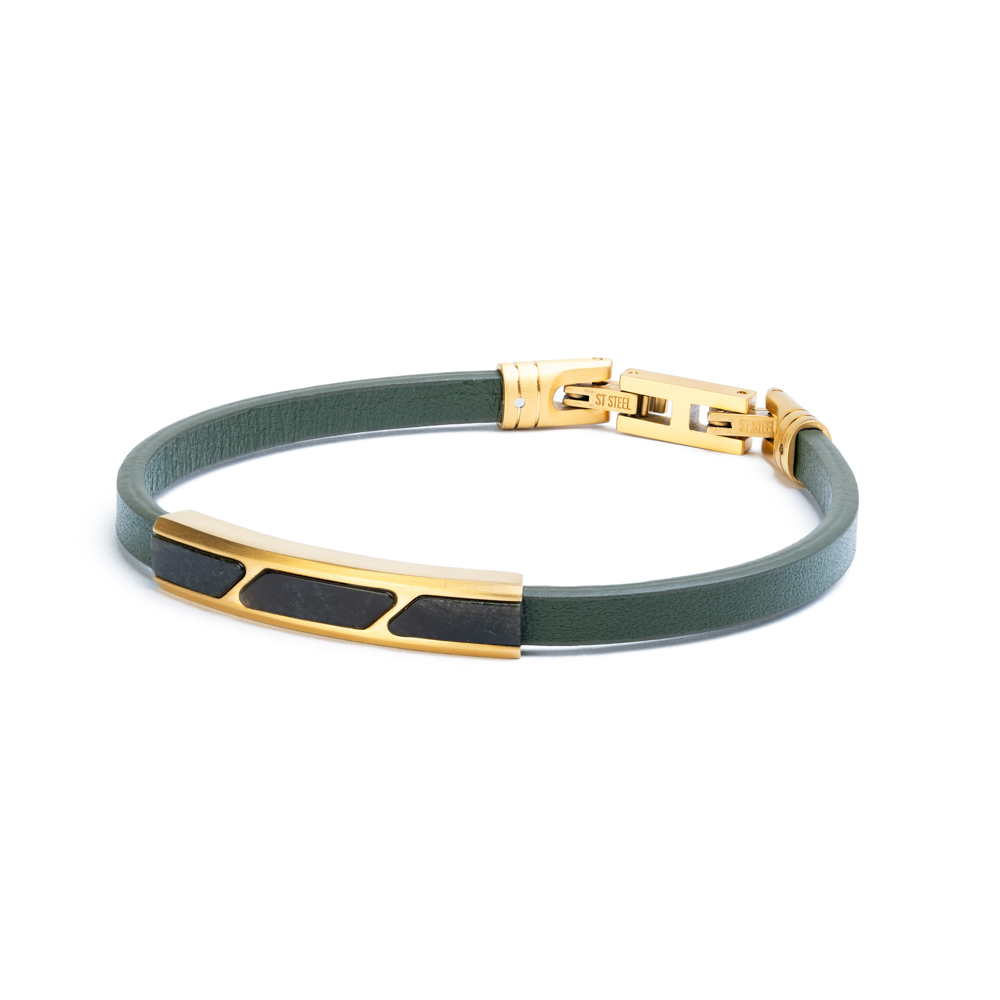 GEMINI Herren Lederarmband grün mit Obsidian und Edelstahl, 20-21 cm, stilvoller Armschmuck