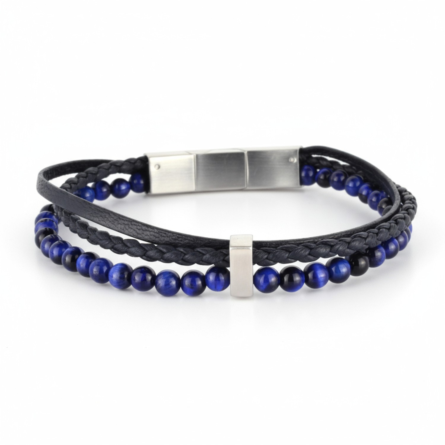 GEMINI Dreifach-Armband aus italienischem Leder mit blauem Tigerauge für Herren, Edelstahl, 20-21 cm