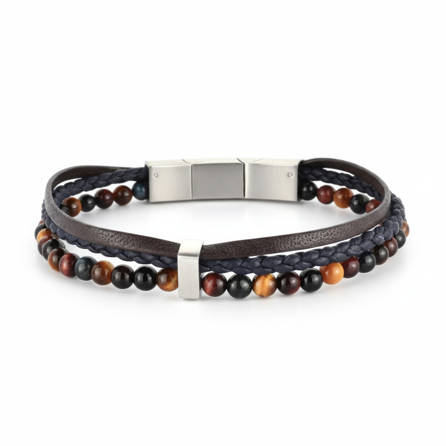 GEMINI Dreifach-Armband aus italienischem Leder mit Tigerauge für Herren, braun-silber, 20-21 cm