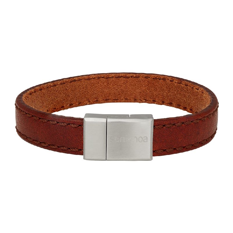 Son of Noa Herren Armband aus braunem Kalbsleder 19cm mit silberfarbenen Edelstahl-Elementen, 12mm breit