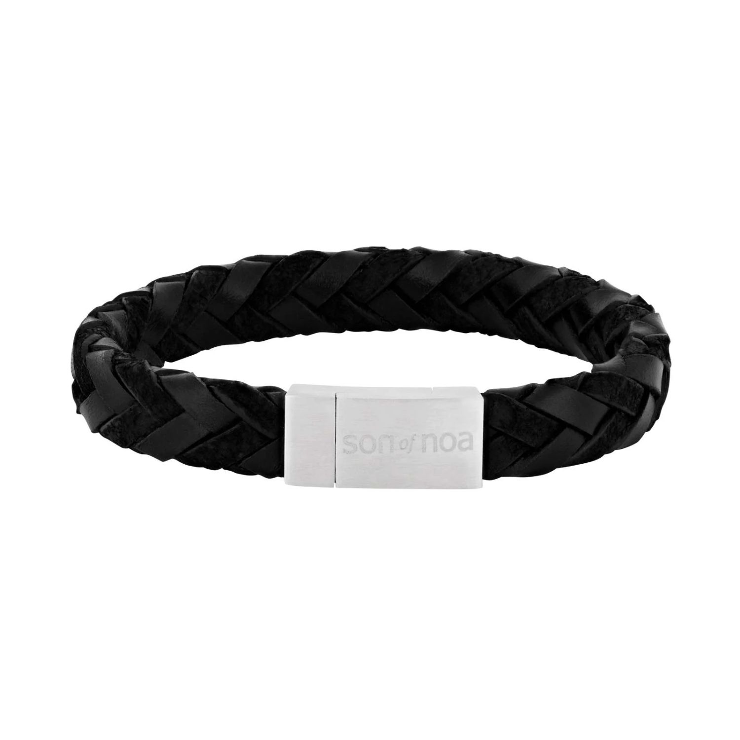 Son of Noa Armband aus schwarzem Kalbsleder für Herren, 21cm, Edelstahl, 10mm, silberfarbene Akzente