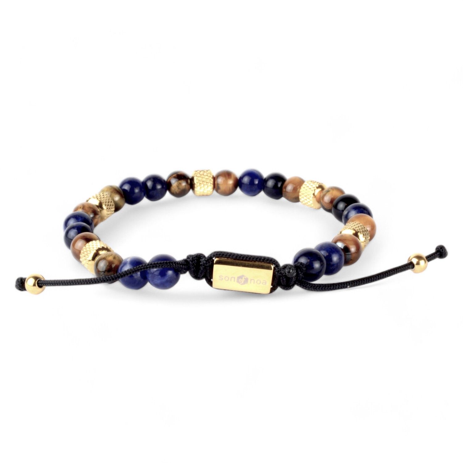 SON Armband Herren aus Edelstahl mit Sodalith und Tigerauge, goldfarben, 6mm, verstellbar von Son of Noa