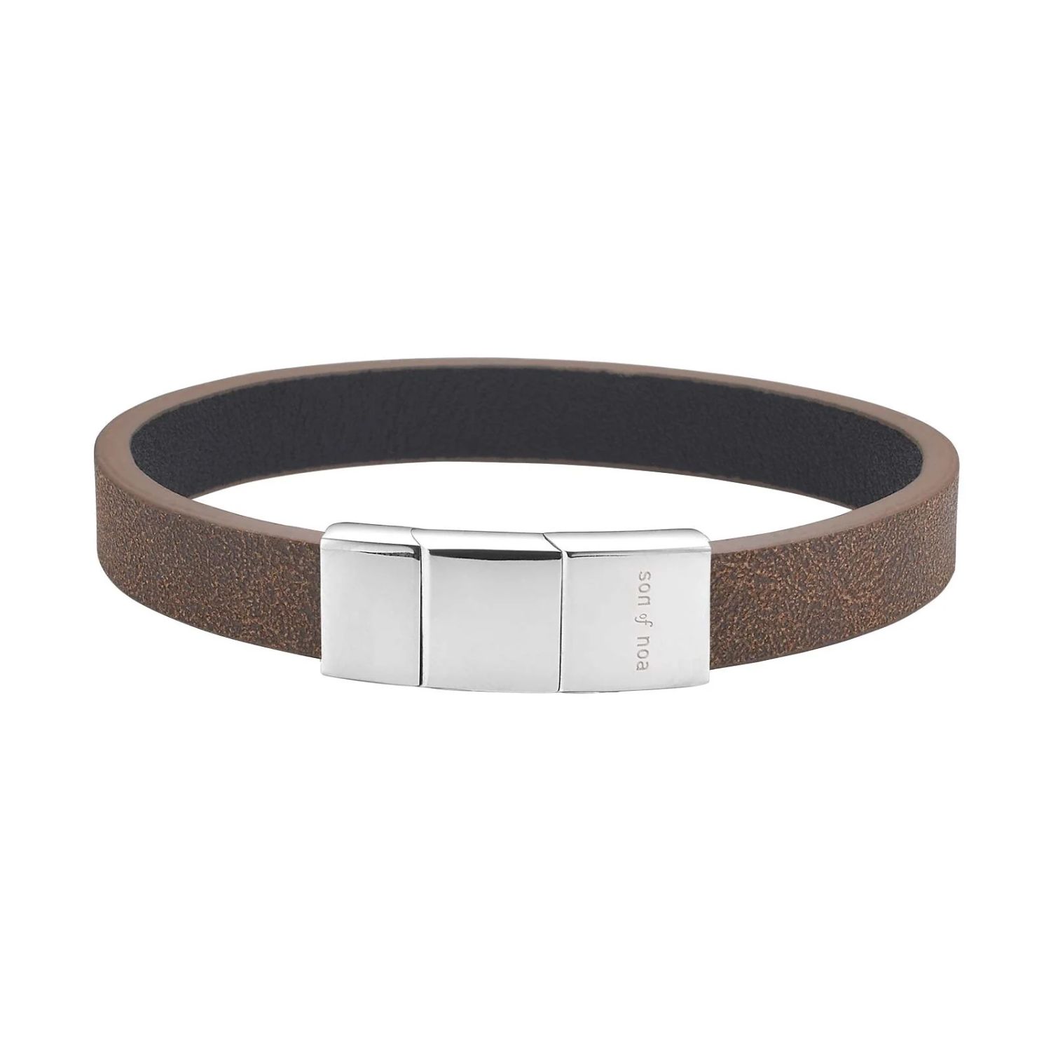 Son of Noa Armband aus braunem Kalbsleder für Herren, 21cm, Edelstahl, stilvoller Armschmuck in Silber