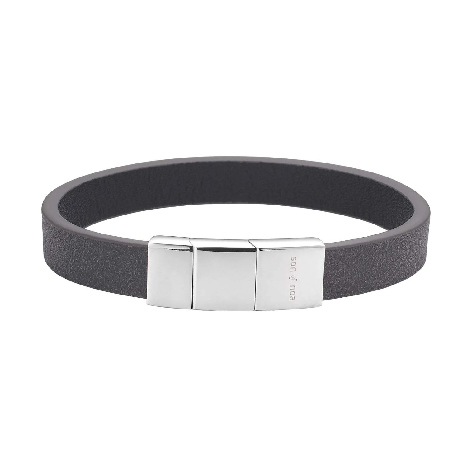Son of Noa Armband aus schwarzem Kalbsleder für Herren, 21cm, Edelstahl, 10mm, silberfarbene Akzente