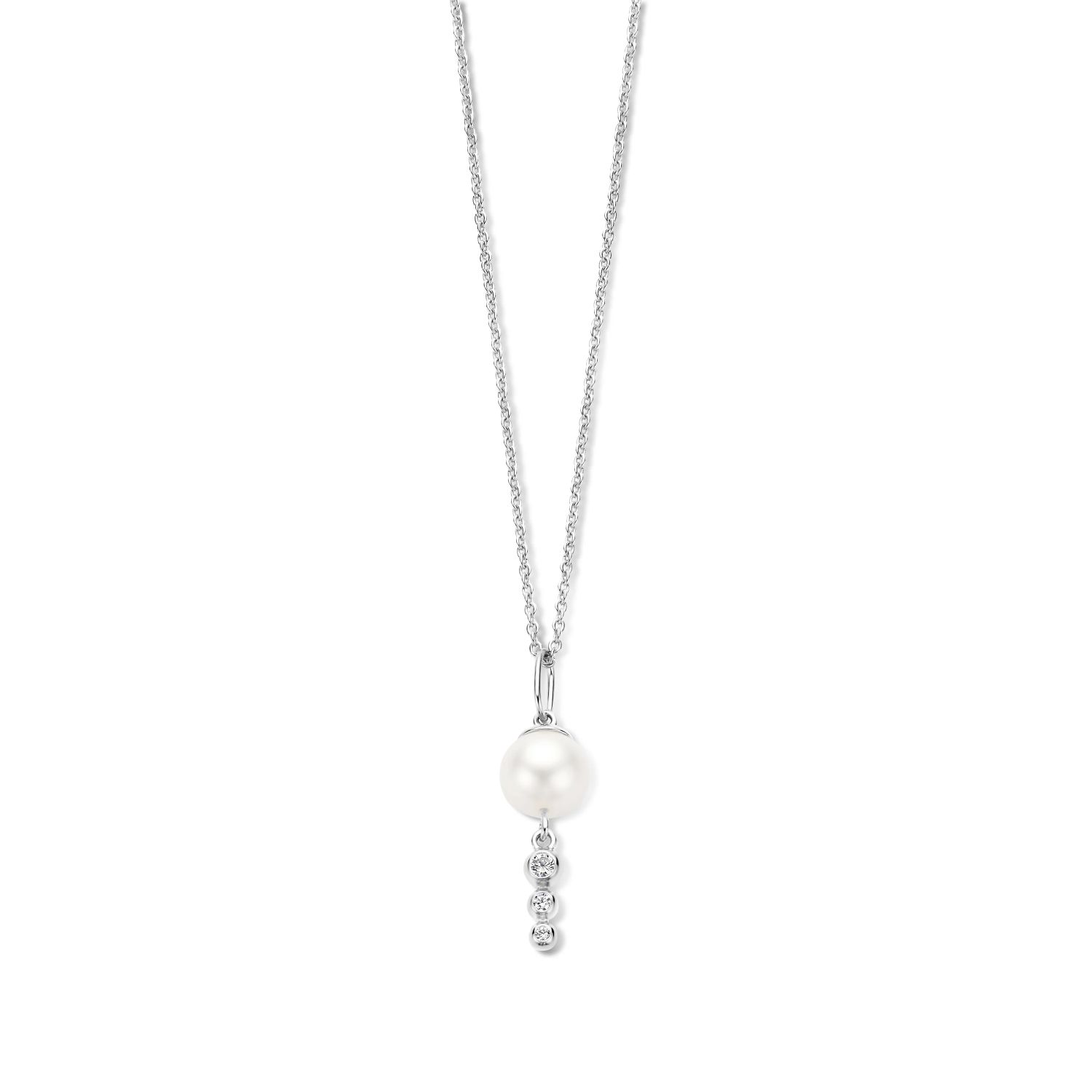 SpiritIcons Damen Kette mit 27mm Perlenanhänger aus 925 Silber und Zirkonia, 42/45cm, silber-weiß