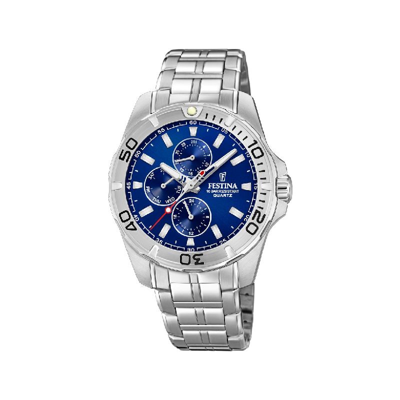 FESTINA Herren Armbanduhr 43mm, Edelstahl silber/blau, Wasserdicht 10 Bar