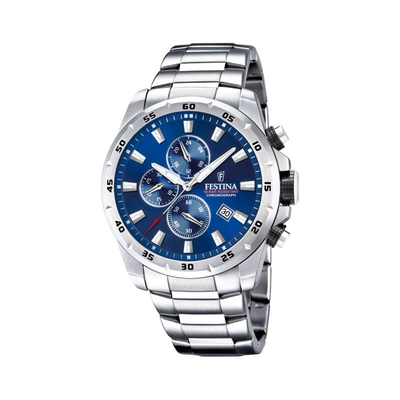 FESTINA Herrenuhr Chronograph Edelstahl 45mm silber-blau Quarz 10 Bar wasserdicht Armbanduhr