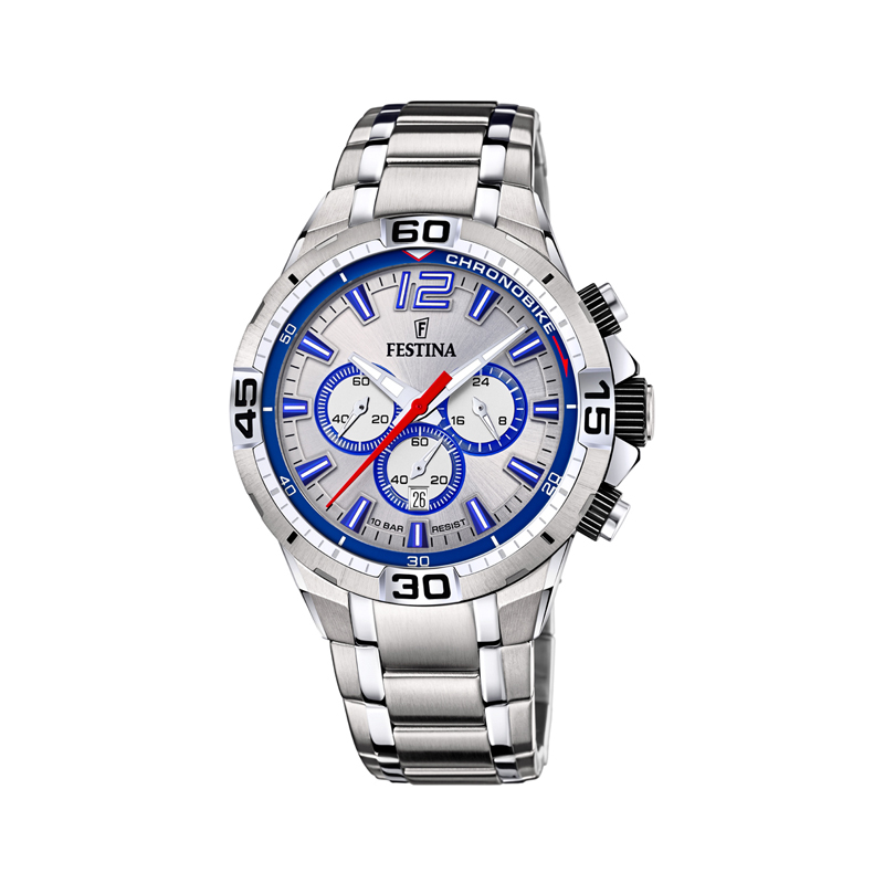 FESTINA Herrenuhr Quarz-Chronograph, 45mm Edelstahl silber-blau, 10 Bar Wasserdicht