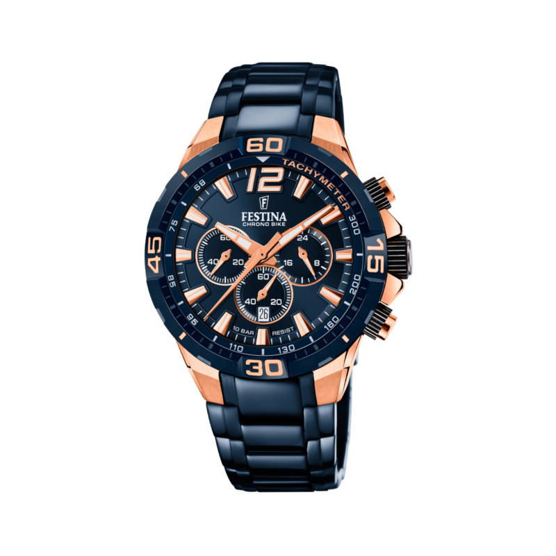 FESTINA Herrenuhr 45mm Chronograph, blau/roségold, Edelstahl, 10 Bar Wasserdicht