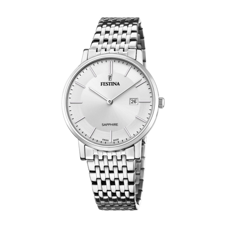 FESTINA Herrenuhr 40mm Edelstahl, Safirglas, weiß/silber, 5 Bar Wasserdicht