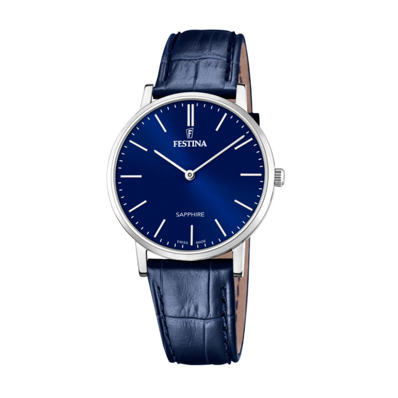 FESTINA Herrenuhr Swiss Made, Safirglas, Lederarmband blau-silber, 40mm Edelstahl