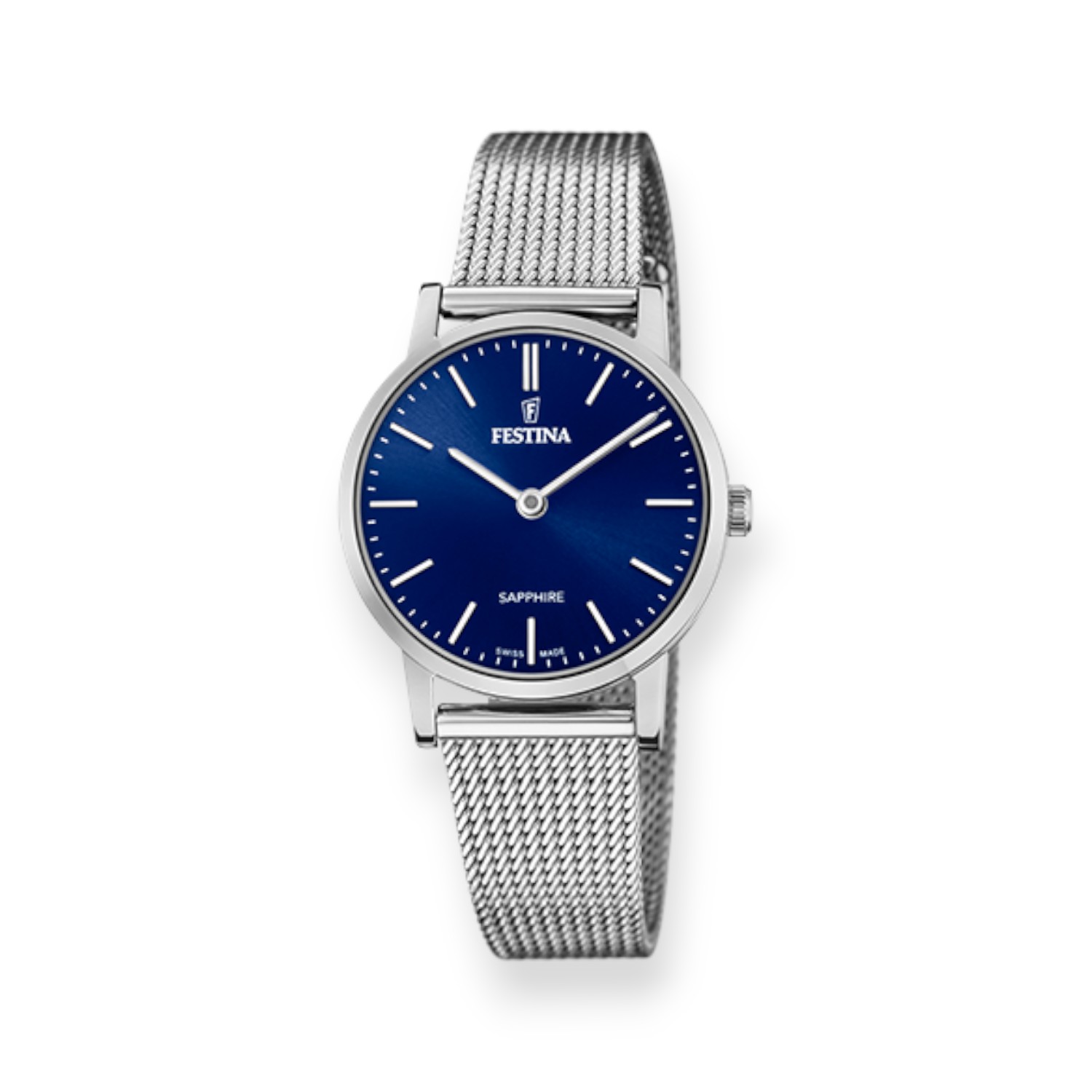 FESTINA Damen Armbanduhr 29mm Edelstahl silberfarben mit blauem Zifferblatt, Swiss Made, Safirglas,