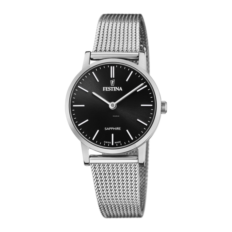 FESTINA Damenuhr 29mm Edelstahl Schwarz & Silber, Safirglas, 5 Bar Wasserdicht