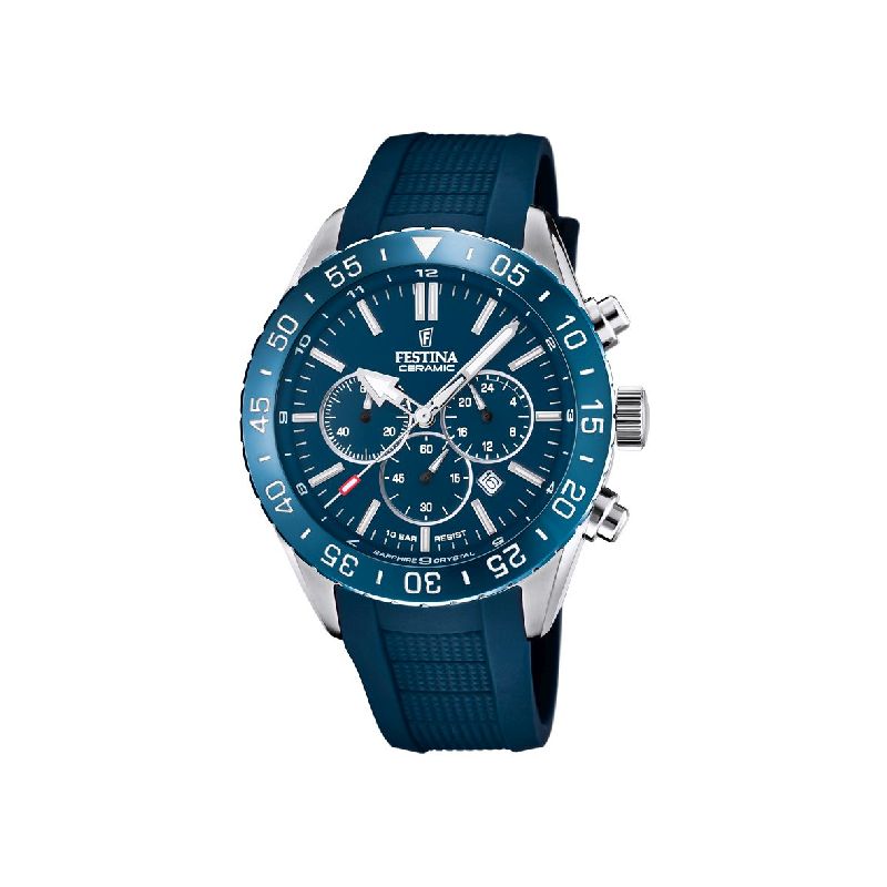 FESTINA Herrenuhr 44mm Blau/Silber Kunststoffarmband Wasserdicht 10 Bar Safirglas