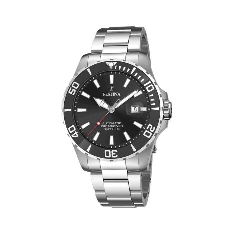 FESTINA Herrenuhr Automatik Edelstahl 44mm silberfarben schwarz Safirglas 20 Bar wasserdicht