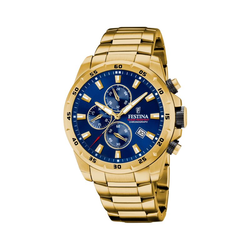 FESTINA Herren Chronograph, Edelstahl/PVD goldfarben, 45mm, blau, 10 Bar